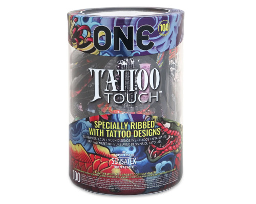 Набір презервативів ONE Tattoo Touch, 100 шт, з рельєфом у вигляді тату, 3 різновиди, паковання-тубус
