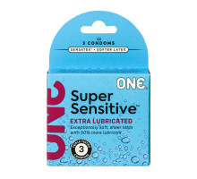 Презервативи ONE Super Sensitive, 3 шт, гладенькі, з додатковою змазкою, картонне паковання