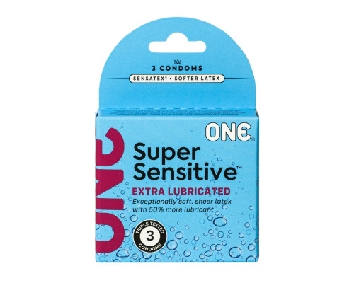 Презервативи ONE Super Sensitive, 3 шт, гладенькі, з додатковою змазкою, картонне паковання