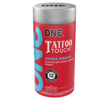 Презервативи ONE Tattoo Touch, 12 шт, рельєф у вигляді тату, 3 різновиди, подарункове паковання-тубус