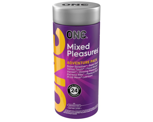 Презервативи ONE Mixed Pleasures, 24 шт, 8 видів, лубрикант у комплекті, подарункове паковання-тубус