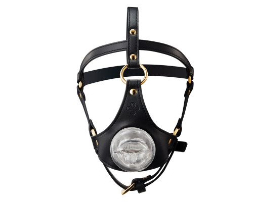 Маска-збруя для мінету LOCKINK SEVANDA Blowjob Head Harness, чорна, з м’якою вставкою у вигляді губ