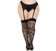 Панчохи Leg Avenue Wild rose net thigh highs, 1X/2X, чорні, широка резинка, малюнок-троянди