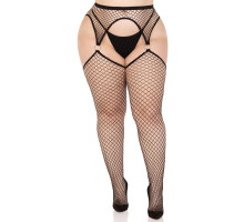 Панчохи Leg Avenue Stokings with O-ring Attached Garter Belt, 1X/2X, чорні, у сітку, імітація пояса