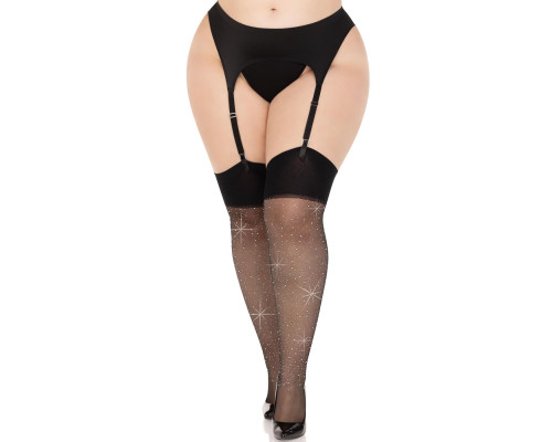 Панчохи зі стразами Leg Avenue Wide Top Rhinestone Sheer Stockings, 1X/2X, чорні, вище коліна