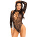 Боді Leg Avenue High neck lace bodysuit, One Size, чорне, довгий рукав, стрінги, квітковий малюнок