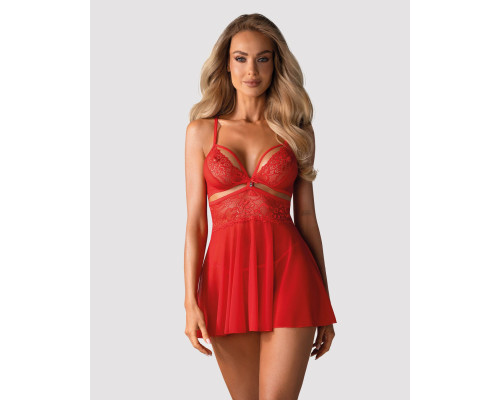 Бебі-дол Obsessive 838-BAB-3 babydoll & thong, L/XL, червоний, мереживний ліф, стрінги в комплекті