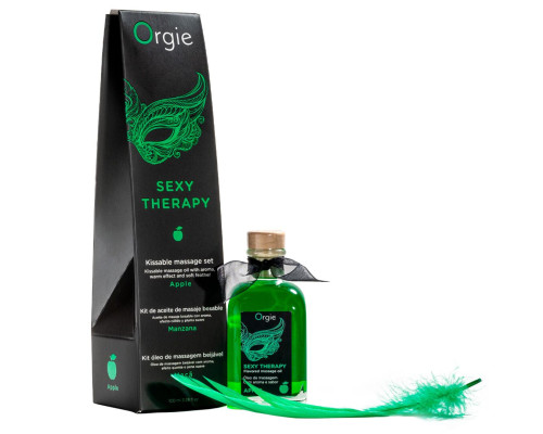 Набір для масажу Orgie – Sexy Therapy Apple (100 мл), їстівна розігрівальна олія + пір’їнка