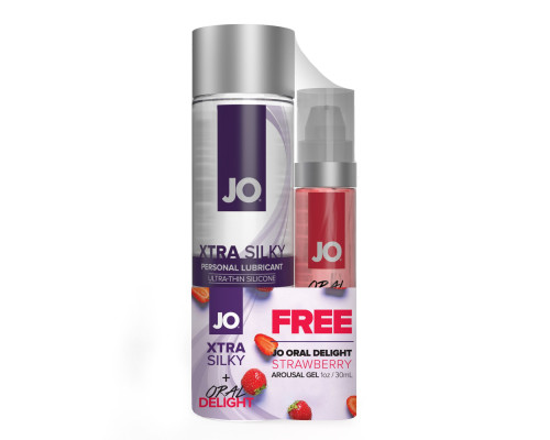 Распродажа!!! Комплект JO GWP - Xtra Silky Silicone (120 мл) & Oral Delight - Strawberry (30 мл) (срок 10.2025)