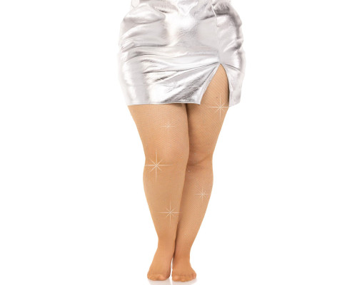 Колготки Leg Avenue Rhinestone micro net tights Plus size Caramel, дрібна сітка, стрази