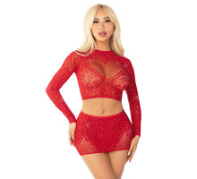 Блискучий комплект кроп-топ і спідниця Leg Avenue Rhinestone One Size, Red, довгий рукав