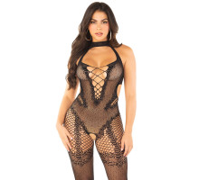 Бодістокінг з доступом Leg Avenue Crotchless Bodystocking with Heart One Size, Black, декольте