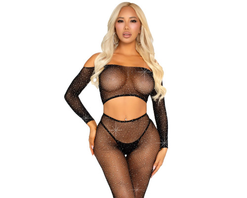 Комплект Leg Avenue Rhinestone Fishnet Crop Top and Legging One Size Black