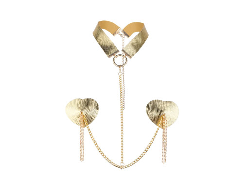 Пестис-сердечка з пензликами та чокером JSY Nipple Sticker RT236114 Golden
