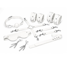 Набір Feral Feelings BDSM Kit 7 White, наручники, поножі, конектор, маска, падл, кляп, затискачі
