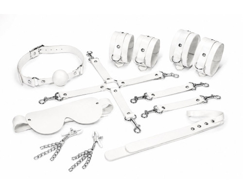 Набір Feral Feelings BDSM Kit 7 White, наручники, поножі, конектор, маска, падл, кляп, затискачі