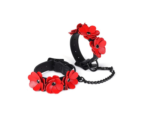 Наручники Liebe Seele Flower Rhythm - Black and Red Leather Flowers Hand Cuffs