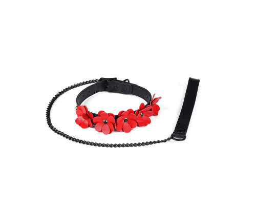 Нашийник з повідцем Liebe Seele Flower Rhythm - Black and Red Leather Flowers collar with Leash