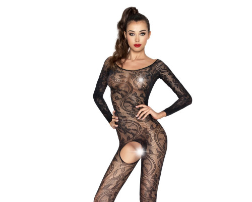 Бодістокінг Passion BS042 black, комбінезон, довгий рукав, закрите плече