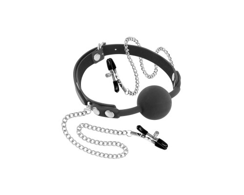 Кляп з силіконовою кулькою і затискачами для сосків Fetish Tentation Gag Ball with Nipple Clamps