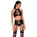 Комплект з еко-шкіри з імітацією шнурівки Passion NANCY SET L/XL black топ, трусики, пояс для панчіх