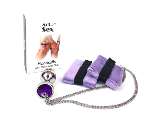 Наручники з металевою анальною пробкою Art of Sex Handcuffs with Metal Anal Plug size M Purple