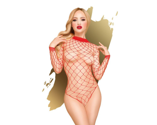 Боді Penthouse Scandalous XL Red, велика сітка, високий комір, довгі рукави