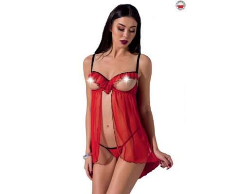 Прозорий пеньюар з відкритими грудьми CHERRY CHEMISE red S/M - Passion Exclusive, трусики