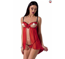 Прозорий пеньюар з відкритими грудьми CHERRY CHEMISE red XXL/XXXL - Passion Exclusive, трусики