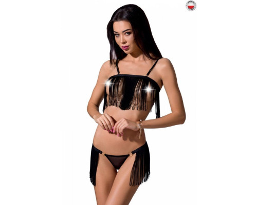 Комплект білизни Passion Exclusive KASSANDRA SET OpenBra L/XL black, ліф з бахроми, трусики-спідниця