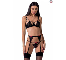 Комплект білизни PERDITA SET black S/M - Passion Exclusive: стрепи: ліф, стрінги і пояс для панчох