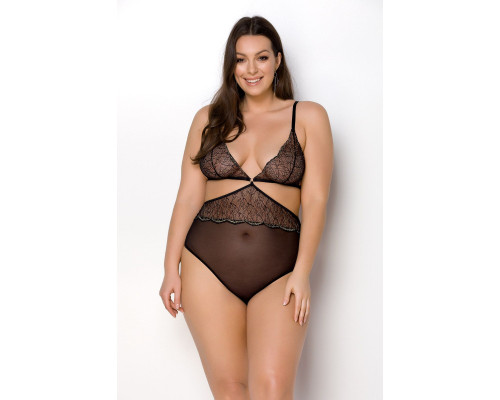 Боді Passion AMBERLY BODY 6XL/7XL black, асиметричний крій, мереживний ліф, золота нитка