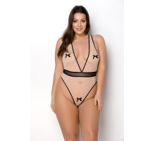 Боді Passion VIENA BODY 4XL/5XL, beige, контрастне, бантики, вставка-сітка, відкриті сідниці