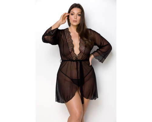 Пеньюар Passion AMBERLY PEIGNOIR 4XL/5XL, black, ажурні декольте та манжети, широкі рукави