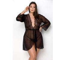 Пеньюар Passion AMBERLY PEIGNOIR 6XL/7XL, black, ажурні декольте та манжети, широкі рукави