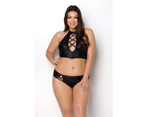Комплект з екошкіри Passion NANCY BIKINI 4XL/5XL black, бра та трусики з імітацією шнурівки