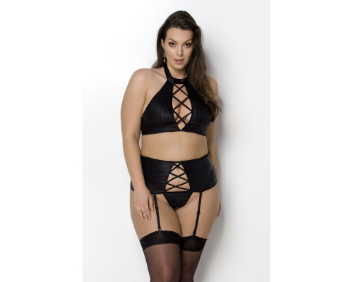 Комплект із екошкіри Passion NANCY SET 6XL/7XL black, імітація шнурівки, топ, пояс для панчіх