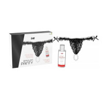 Набір Intt BRAZILIAN PANTY BLACK: трусики на резинці S-XL з перлинним кільцем + полунична змазка