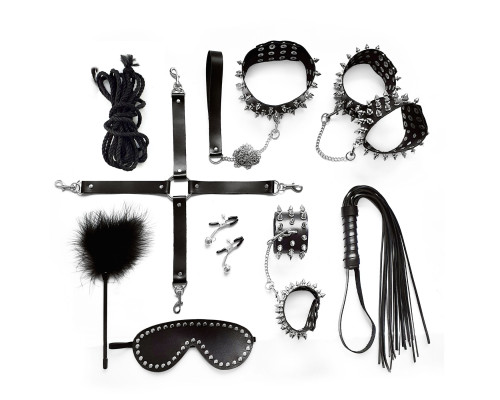 BDSM-набір Art of Sex – Spikes BDSM Set Leather, 10 предметів, чорний, натуральна шкіра
