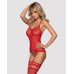 Бодістокінг Obsessive Bodystocking F214 red S/M/L, імітація корсета та панчіх на підв’язках