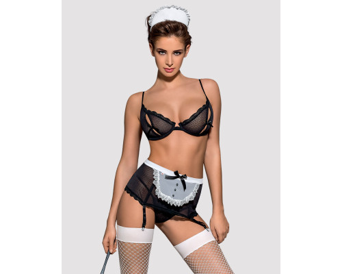 Еротичний костюм покоївки Obsessive Maidme set 5pcs L/XL, бюстгальтер, пояс з фартухом, панчохи, стр