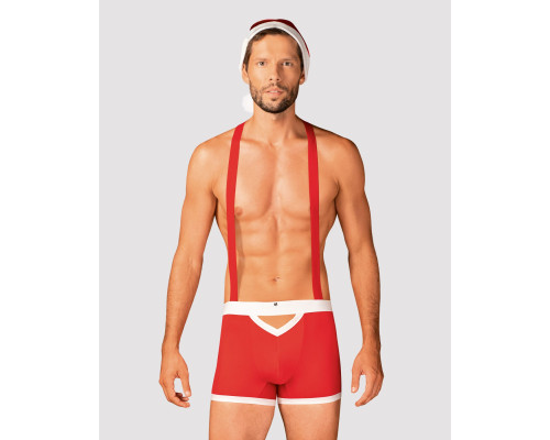 Чоловічий еротичний костюм Санта-Клауса Obsessive Mr Claus 2XL/3XL, боксери на підтяжках, шапочка з