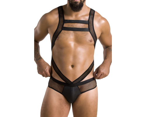 Чоловіче еротичне сітчасте боді Passion 045 VICTOR L/XL Black, екошкіра, сітка
