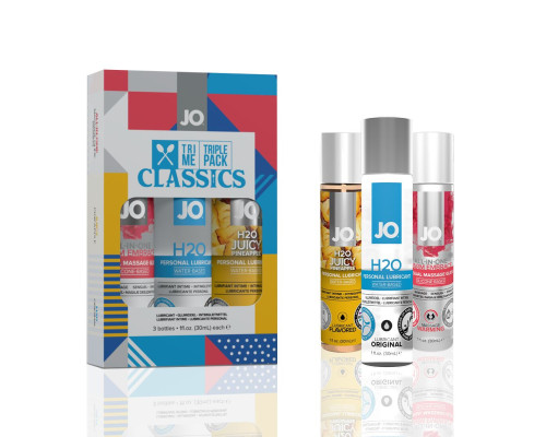 Набір JO Tri-Me Triple Pack — Classics (3×30 мл) водна, силіконова та смакова змазка