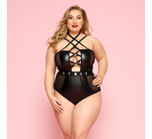 Сексуальне боді JSY «Пристрасна Лорейн» Plus Size Black, люверси, стрепи, екошкіра, шнурівка