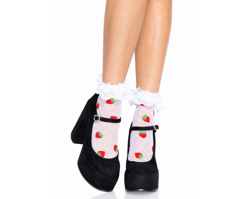 Шкарпетки жіночі з полуничним принтом Leg Avenue Strawberry ruffle top anklets One size, мереживні м