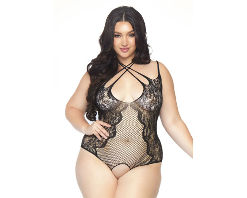 Тедді з відкритим доступом Leg Avenue Net lace crotchless teddy 1X–2X Black, шнурівка на спині