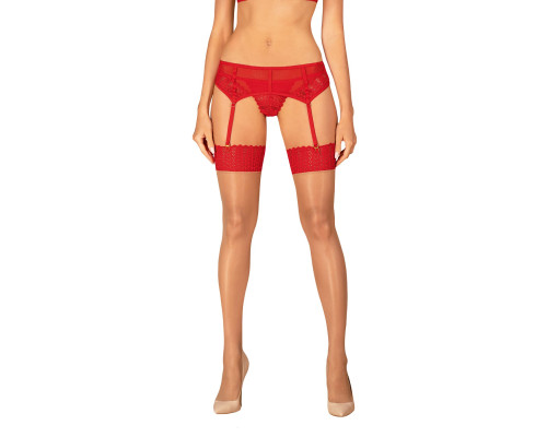 Панчохи Obsessive Ingridia stockings XS/S, бежеві з червоною резинкою