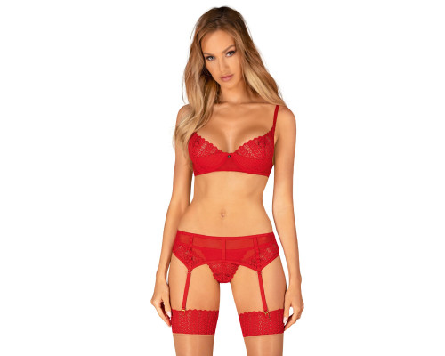 Комплект Obsessive Ingridia 3-pcs set XS/S, червоний, бюстгальтер, стрінги, пояс
