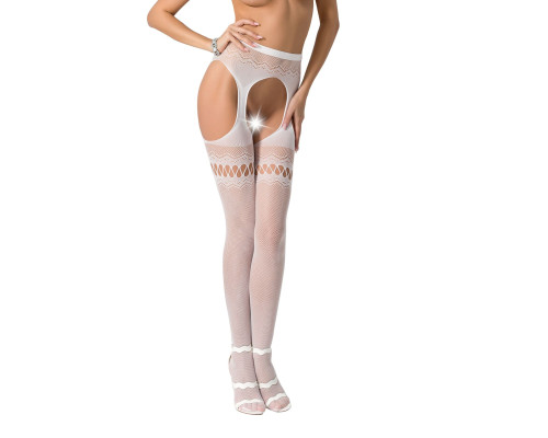 Сітчасті колготки-бодістокінги Passion S013 One Size, White, імітація панчіх та пояса з гартерами